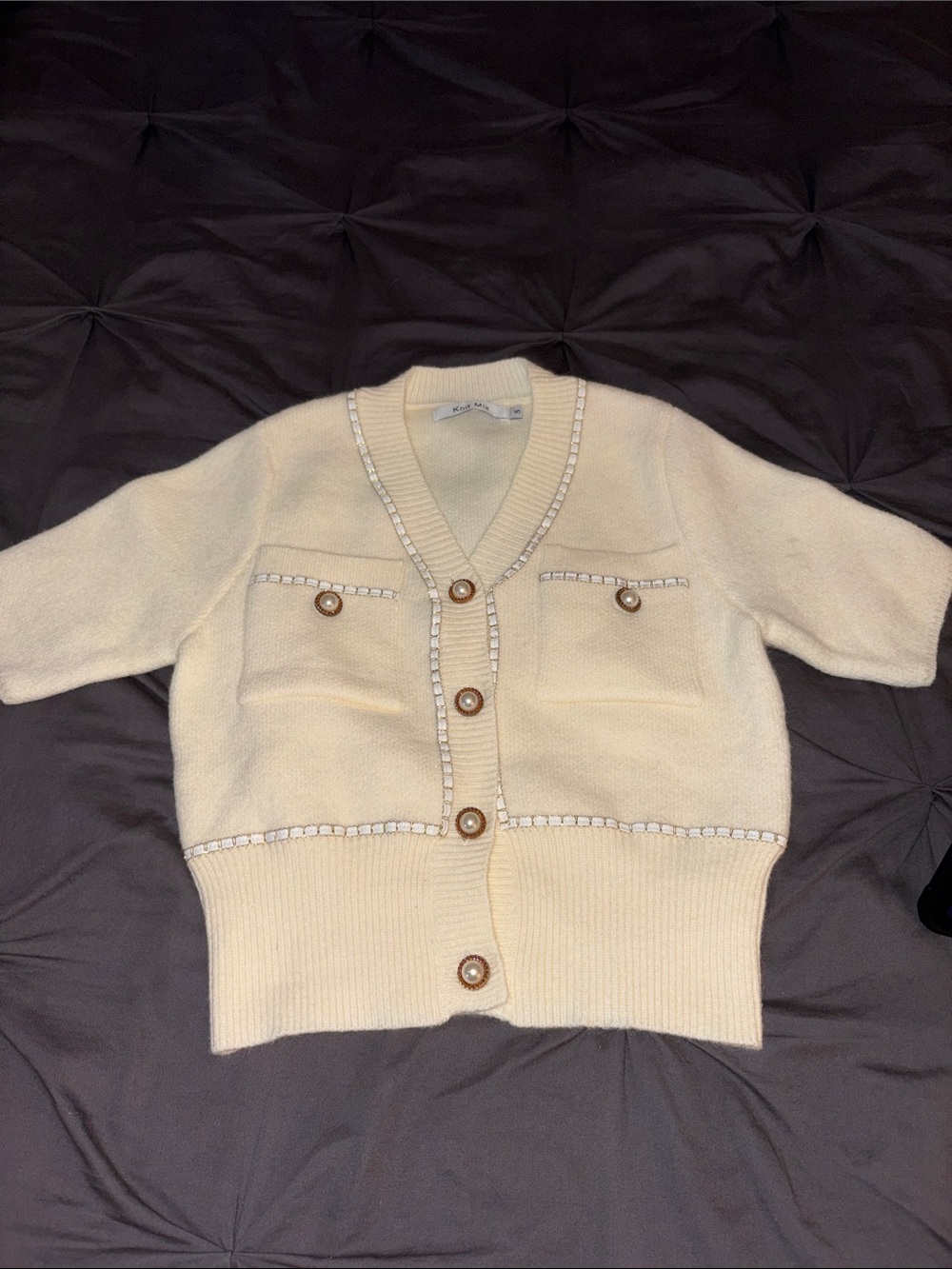Cream Knit Short Sleeved Pearl-Trim Cardigan
